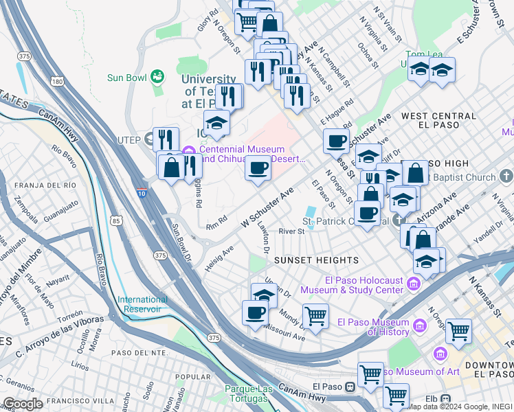 map of restaurants, bars, coffee shops, grocery stores, and more near 1757 Hawthorne Street in El Paso