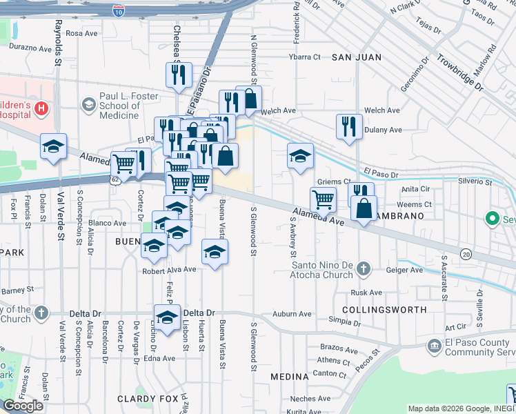 map of restaurants, bars, coffee shops, grocery stores, and more near 112 South Glenwood Street in El Paso