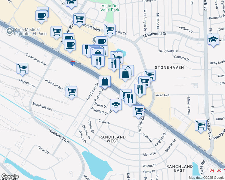 map of restaurants, bars, coffee shops, grocery stores, and more near 7248 Gateway Boulevard East in El Paso