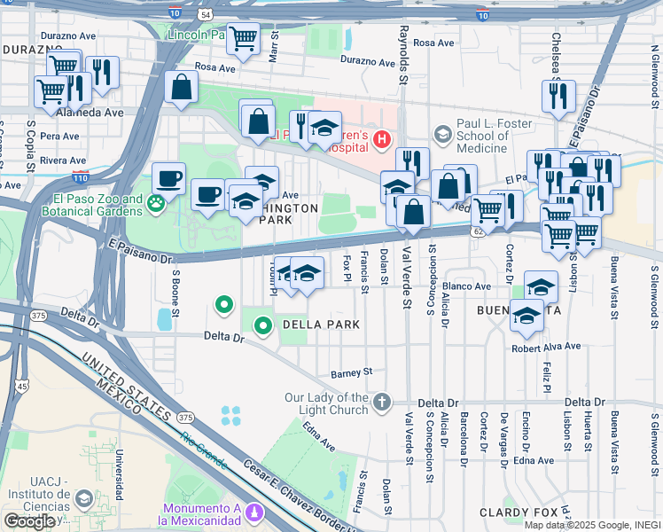 map of restaurants, bars, coffee shops, grocery stores, and more near 414 Hernandez Street in El Paso