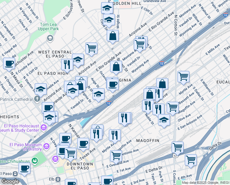 map of restaurants, bars, coffee shops, grocery stores, and more near 603 Octavia Street in El Paso