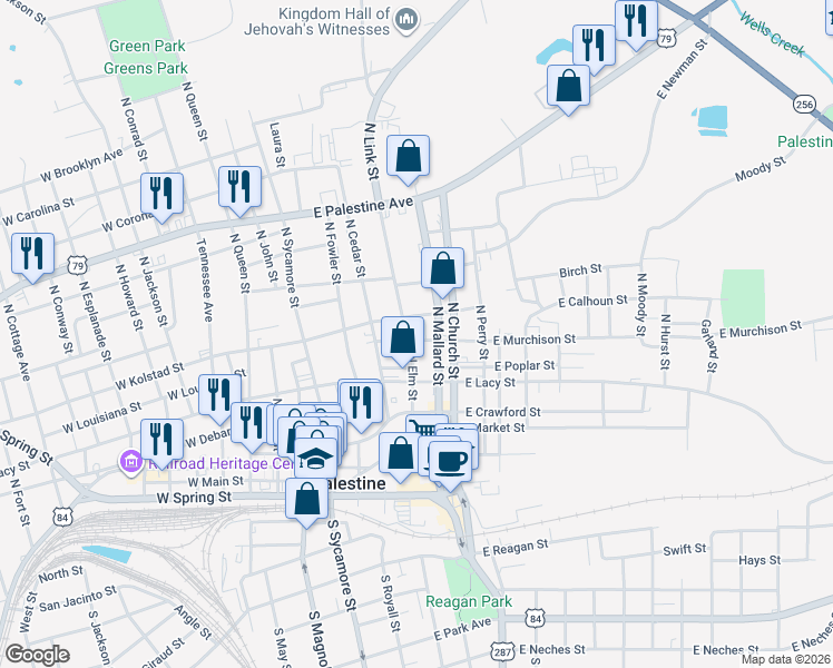 map of restaurants, bars, coffee shops, grocery stores, and more near 401 East Murchison Street in Palestine
