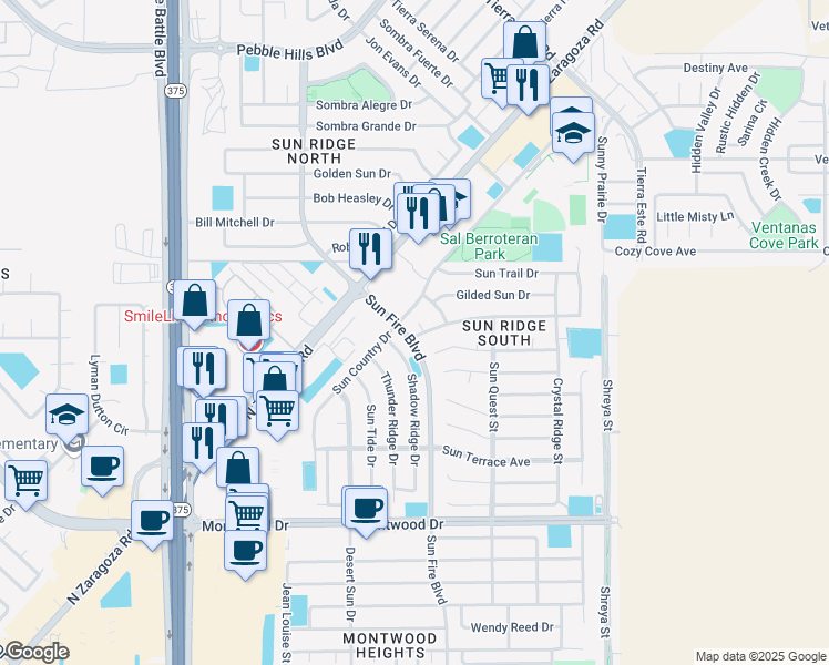 map of restaurants, bars, coffee shops, grocery stores, and more near 2071 Sun Sweet Way in El Paso