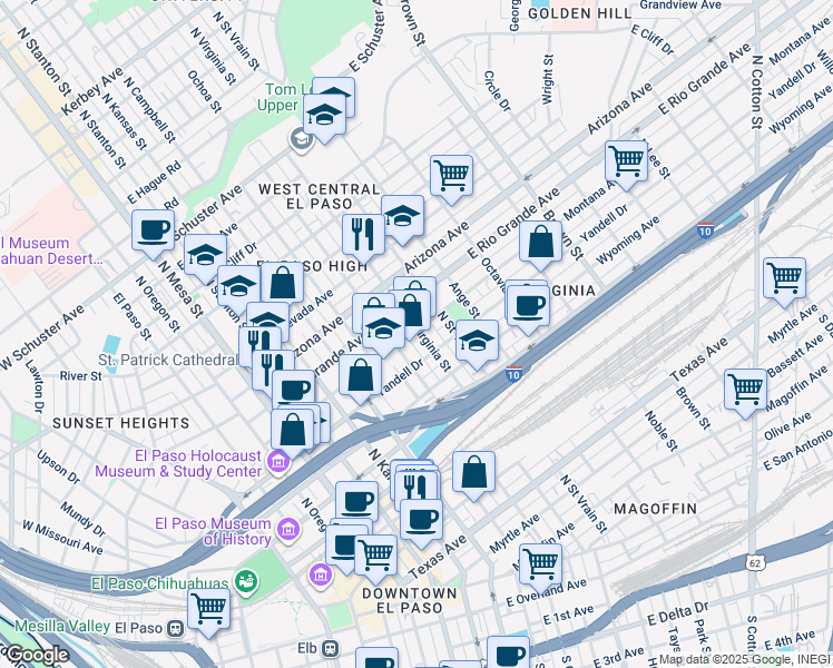 map of restaurants, bars, coffee shops, grocery stores, and more near 720 Montana Avenue in El Paso