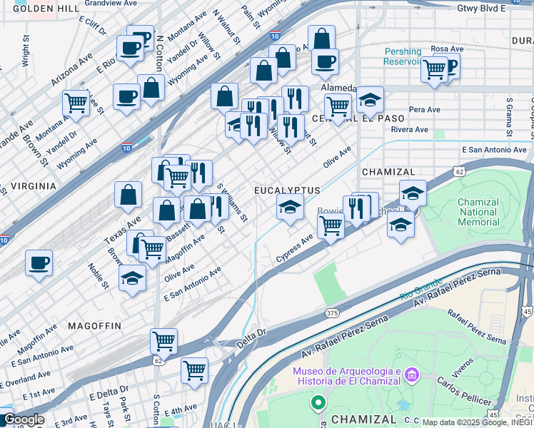 map of restaurants, bars, coffee shops, grocery stores, and more near 1822 Olive Avenue in El Paso