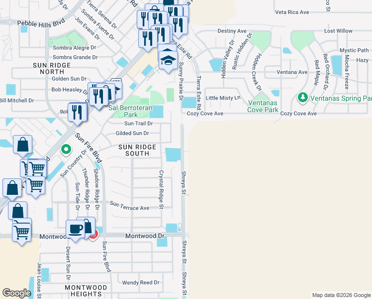 map of restaurants, bars, coffee shops, grocery stores, and more near 2100 Shreya Street in El Paso