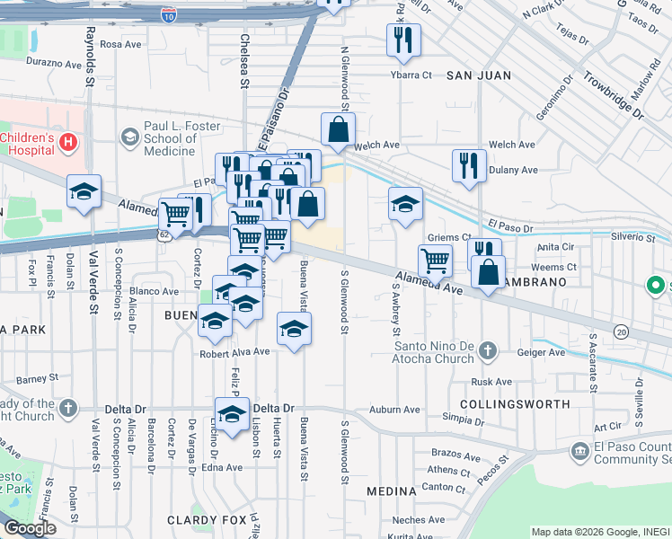 map of restaurants, bars, coffee shops, grocery stores, and more near 112 South Glenwood Street in El Paso