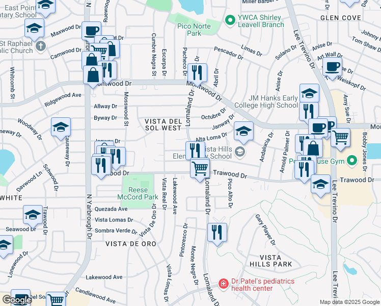 map of restaurants, bars, coffee shops, grocery stores, and more near 10739 Adauto Court in El Paso