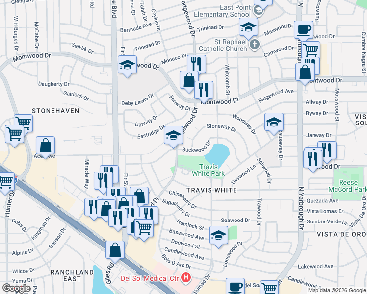 map of restaurants, bars, coffee shops, grocery stores, and more near 10105 Buckwood Avenue in El Paso
