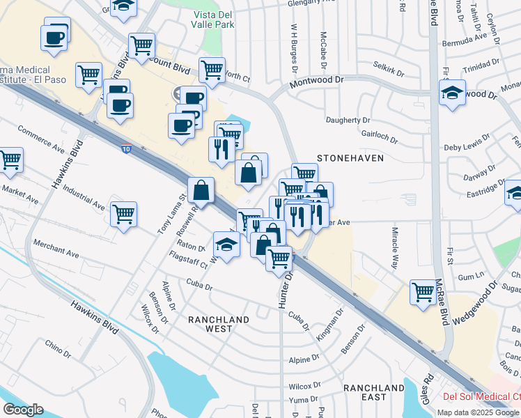 map of restaurants, bars, coffee shops, grocery stores, and more near 9101 Gateway Blvd W in El Paso