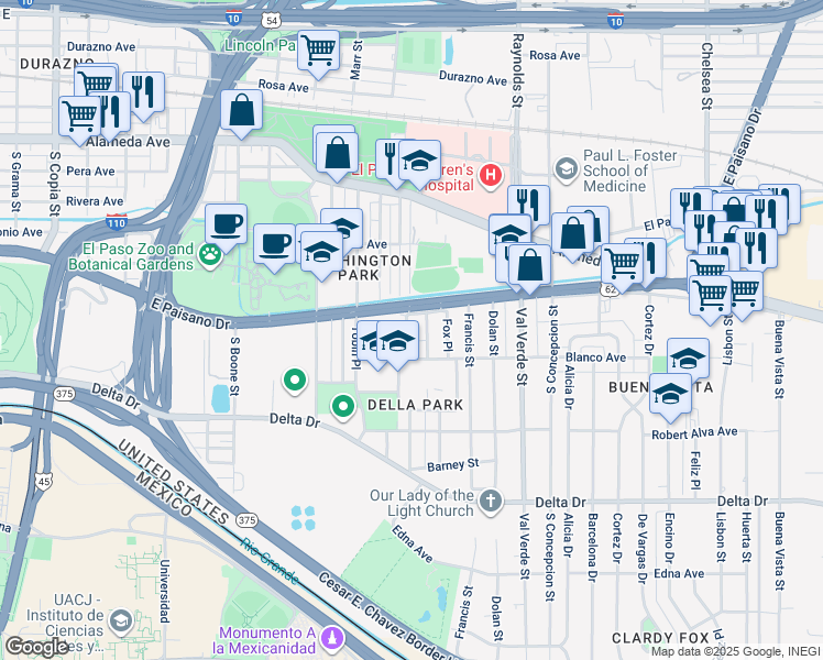 map of restaurants, bars, coffee shops, grocery stores, and more near 414 Hernandez Street in El Paso