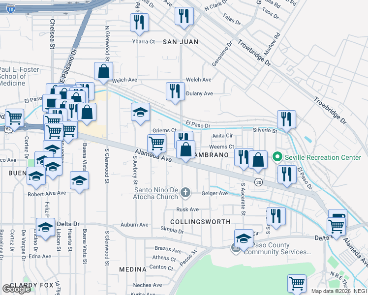 map of restaurants, bars, coffee shops, grocery stores, and more near 113 North Clark Drive in El Paso