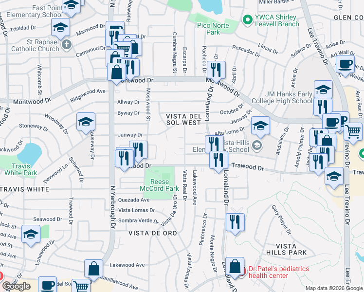map of restaurants, bars, coffee shops, grocery stores, and more near 1737 Vista Real Drive in El Paso