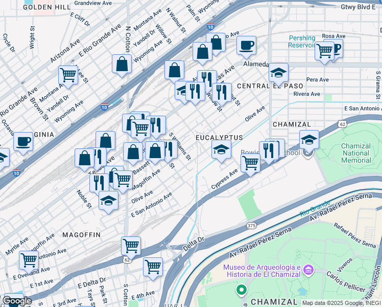 map of restaurants, bars, coffee shops, grocery stores, and more near 1806 Magoffin Avenue in El Paso