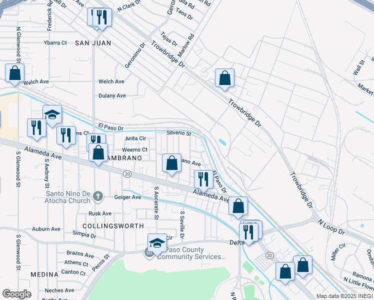 map of restaurants, bars, coffee shops, grocery stores, and more near 216 Toledo Place in El Paso