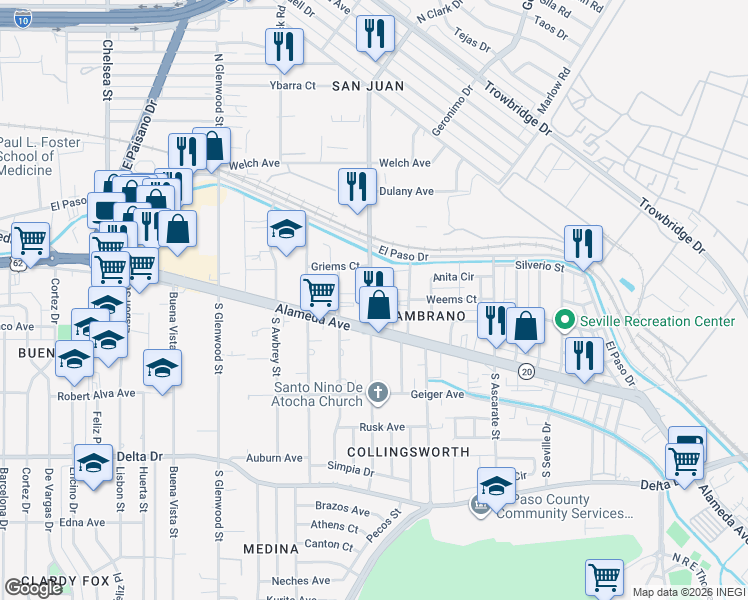 map of restaurants, bars, coffee shops, grocery stores, and more near 113 North Clark Drive in El Paso