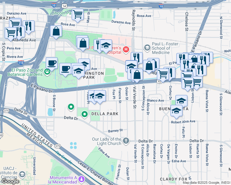 map of restaurants, bars, coffee shops, grocery stores, and more near 511 Fox Place in El Paso
