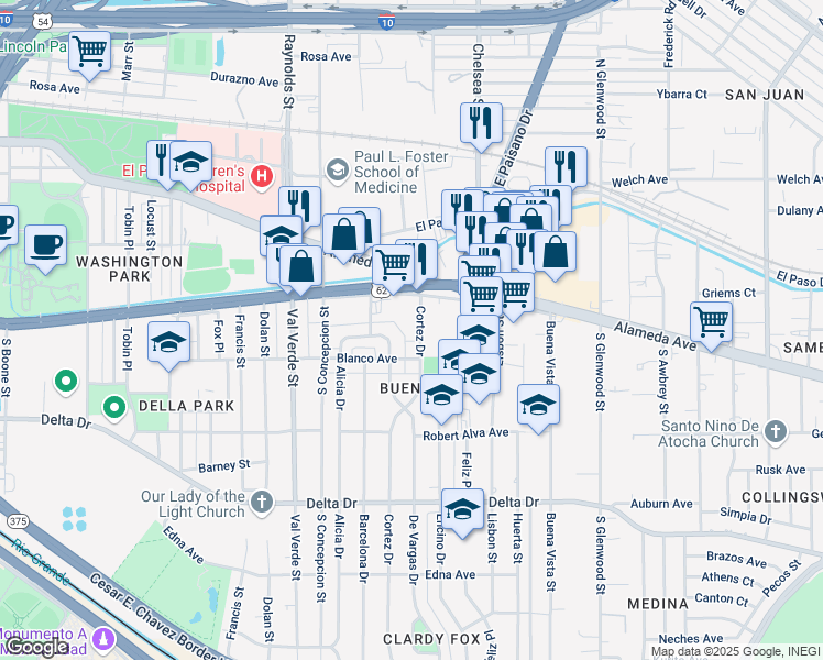 map of restaurants, bars, coffee shops, grocery stores, and more near 201 Cortez Drive in El Paso