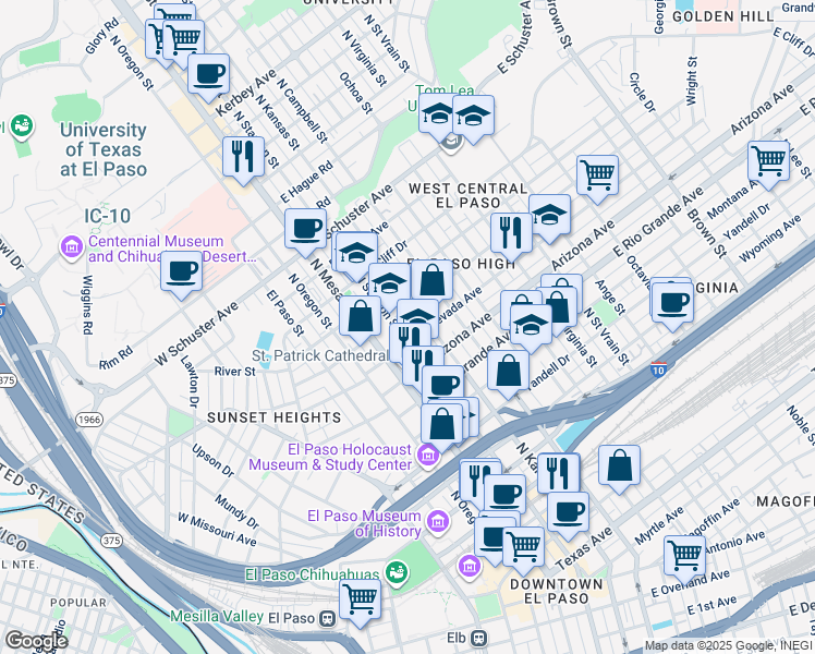 map of restaurants, bars, coffee shops, grocery stores, and more near 300 East California Avenue in El Paso