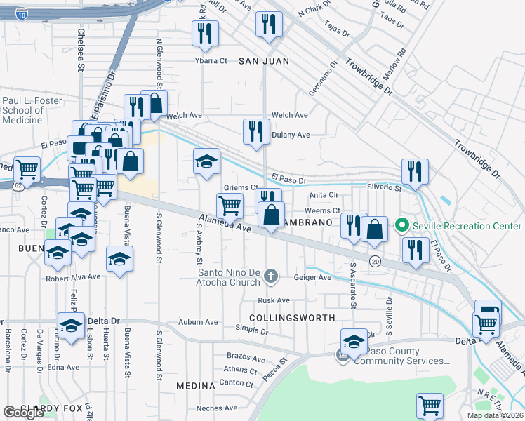 map of restaurants, bars, coffee shops, grocery stores, and more near 113 North Clark Drive in El Paso
