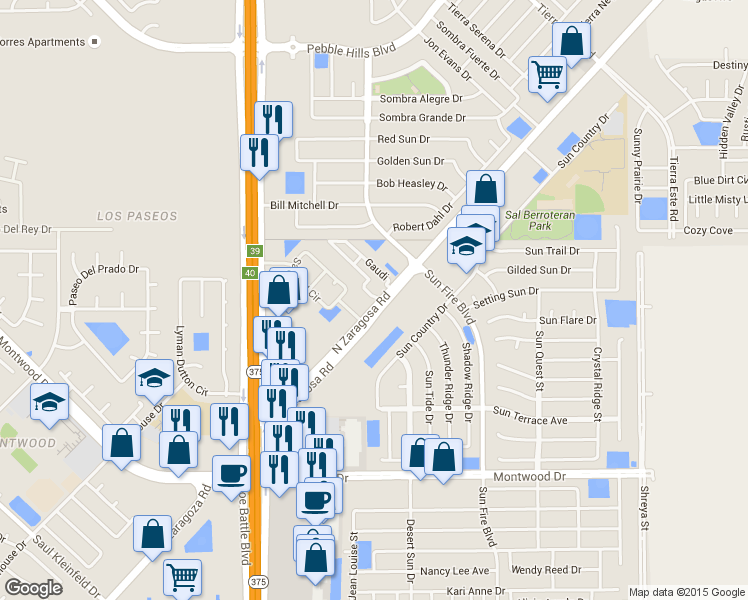 map of restaurants, bars, coffee shops, grocery stores, and more near 2140 Zaragoza Rd in El Paso