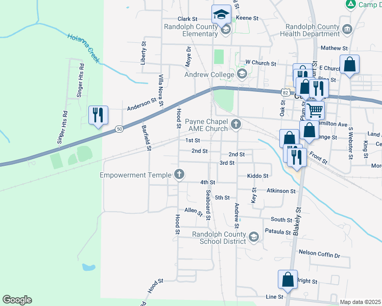 map of restaurants, bars, coffee shops, grocery stores, and more near 40 2nd Street in Cuthbert