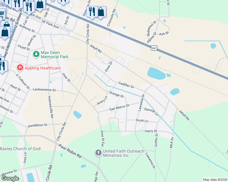 map of restaurants, bars, coffee shops, grocery stores, and more near 250 Orange Street in Baxley