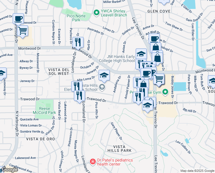 map of restaurants, bars, coffee shops, grocery stores, and more near 10801 La Subida Drive in El Paso