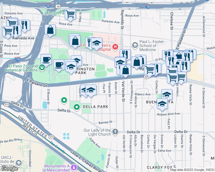 map of restaurants, bars, coffee shops, grocery stores, and more near 511 Fox Place in El Paso