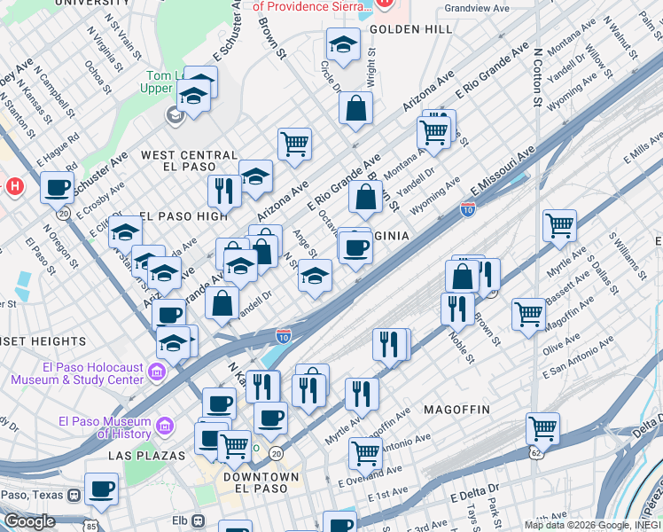 map of restaurants, bars, coffee shops, grocery stores, and more near in El Paso