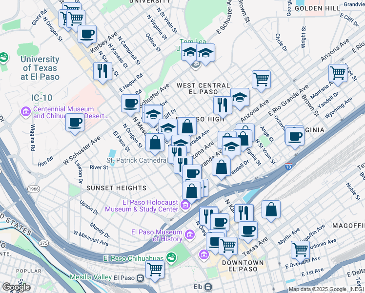 map of restaurants, bars, coffee shops, grocery stores, and more near 300 East California Avenue in El Paso