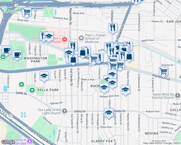 map of restaurants, bars, coffee shops, grocery stores, and more near 200 De Vargas Drive in El Paso