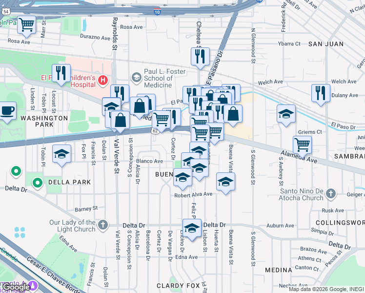 map of restaurants, bars, coffee shops, grocery stores, and more near 5300 East Paisano Drive in El Paso