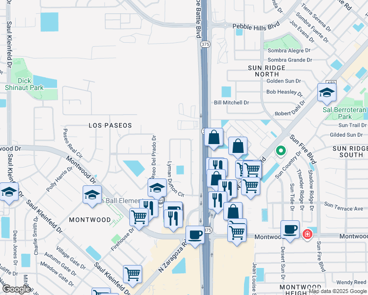 map of restaurants, bars, coffee shops, grocery stores, and more near 2036 Lyman Dutton Circle in El Paso