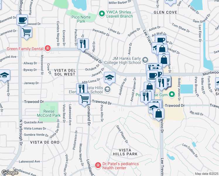 map of restaurants, bars, coffee shops, grocery stores, and more near 10801 La Subida Drive in El Paso