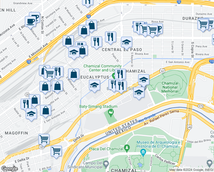 map of restaurants, bars, coffee shops, grocery stores, and more near 292 South Eucalyptus Street in El Paso
