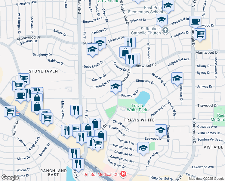 map of restaurants, bars, coffee shops, grocery stores, and more near 10011 Buckwood Avenue in El Paso