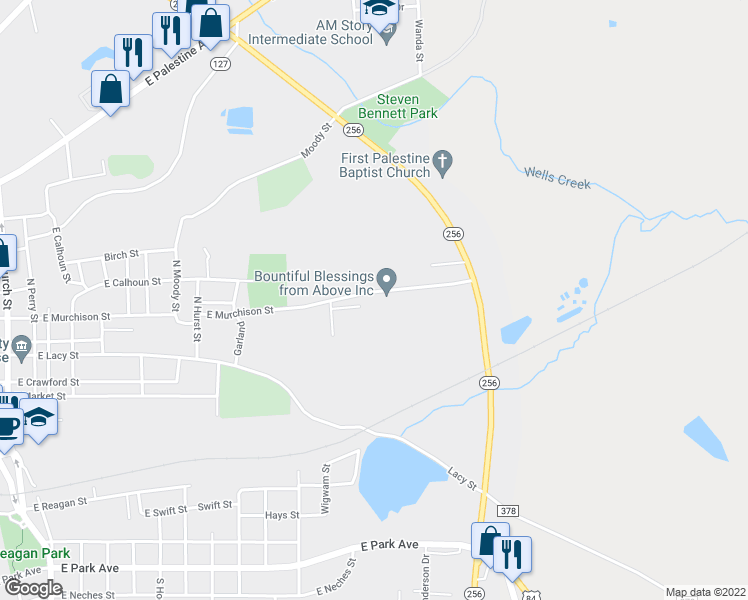 map of restaurants, bars, coffee shops, grocery stores, and more near 1800 East Murchison Street in Palestine