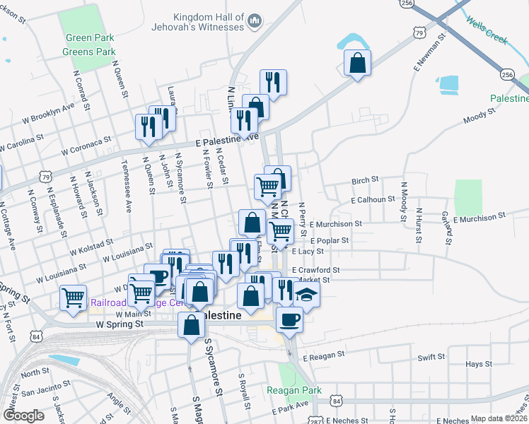 map of restaurants, bars, coffee shops, grocery stores, and more near 401-499 East Murchison Street in Palestine