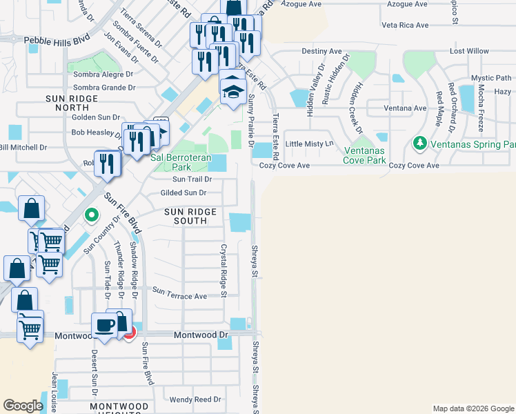 map of restaurants, bars, coffee shops, grocery stores, and more near 2100 Shreya Street in El Paso