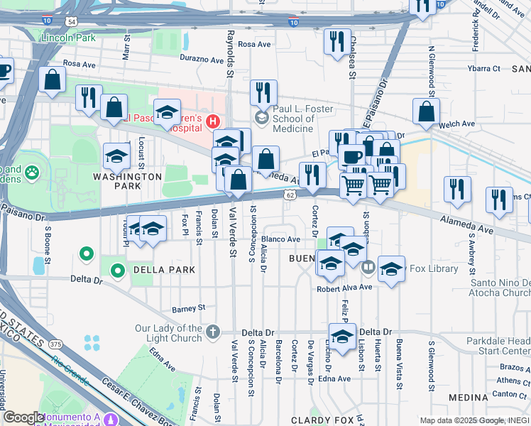 map of restaurants, bars, coffee shops, grocery stores, and more near 110 Barcelona Drive in El Paso