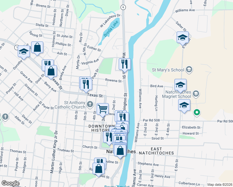 map of restaurants, bars, coffee shops, grocery stores, and more near 101-199 Texas Street in Natchitoches
