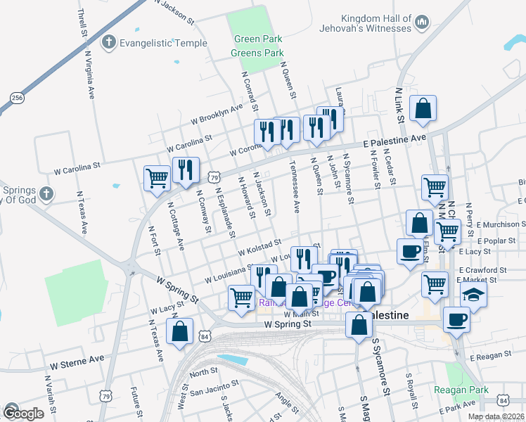 map of restaurants, bars, coffee shops, grocery stores, and more near 910 North Howard Street in Palestine