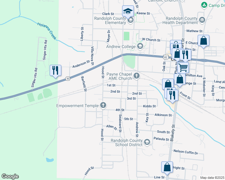 map of restaurants, bars, coffee shops, grocery stores, and more near 40 2nd Street in Cuthbert