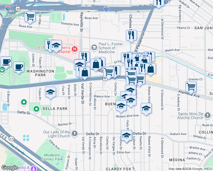 map of restaurants, bars, coffee shops, grocery stores, and more near 200 De Vargas Drive in El Paso