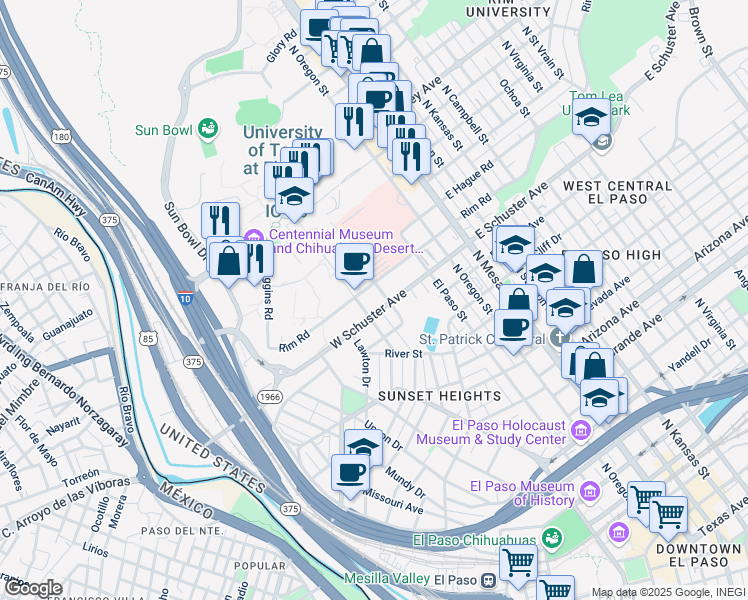 map of restaurants, bars, coffee shops, grocery stores, and more near 1757 Hawthorne Street in El Paso