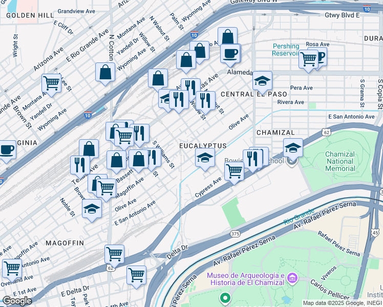 map of restaurants, bars, coffee shops, grocery stores, and more near 1822 Olive Avenue in El Paso
