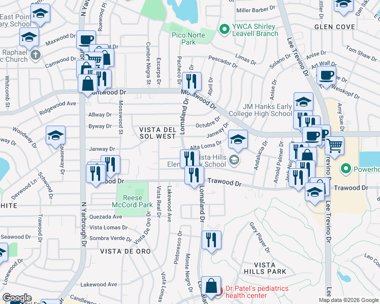 map of restaurants, bars, coffee shops, grocery stores, and more near 10739 Adauto Court in El Paso