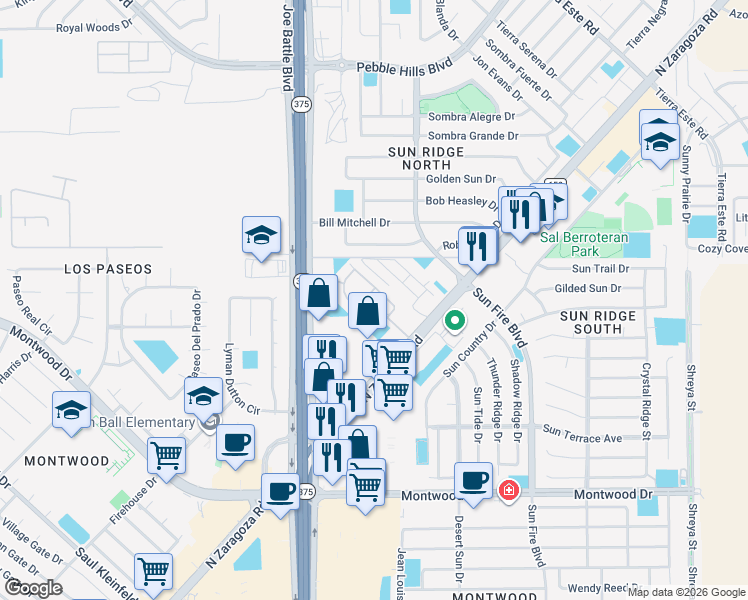 map of restaurants, bars, coffee shops, grocery stores, and more near 2015 North Zaragoza Road in El Paso