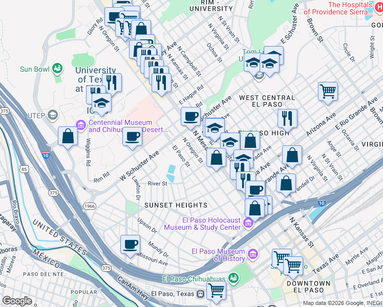 map of restaurants, bars, coffee shops, grocery stores, and more near 1600 North Oregon Street in El Paso